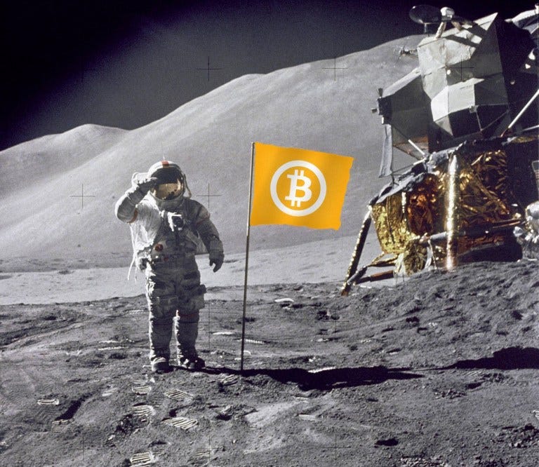Astronaut planting Bitcoin flag on the moon